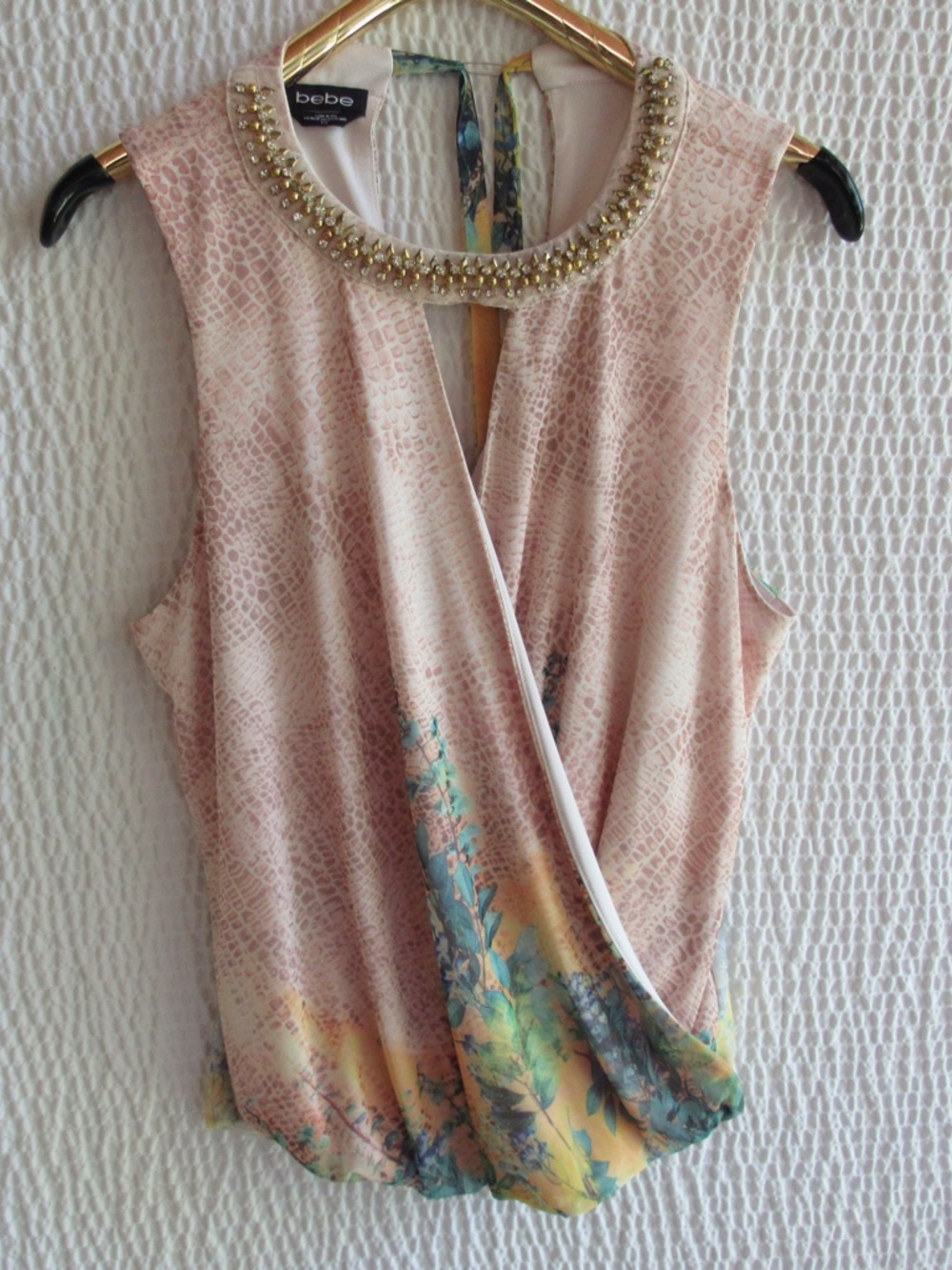 Bebe Y2K Top L Made USA Snake Mix Print Beaded Rhinestone Keyhole Back Wrap Look